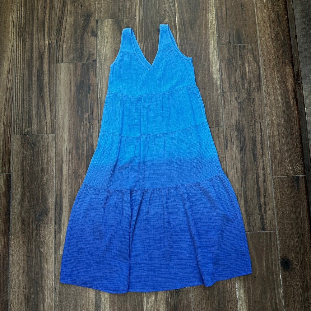 Marine Layer Blue Ombre Cotton Double Gauze Tiered Maxi Dress Small 17440